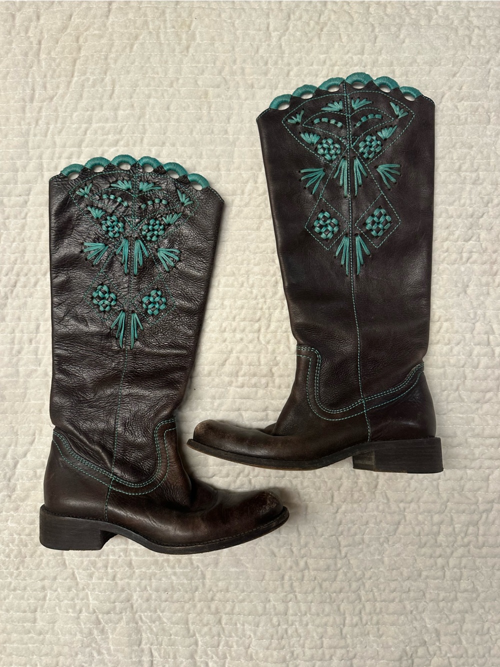 Brown Leather Boots with Teal Embroidery